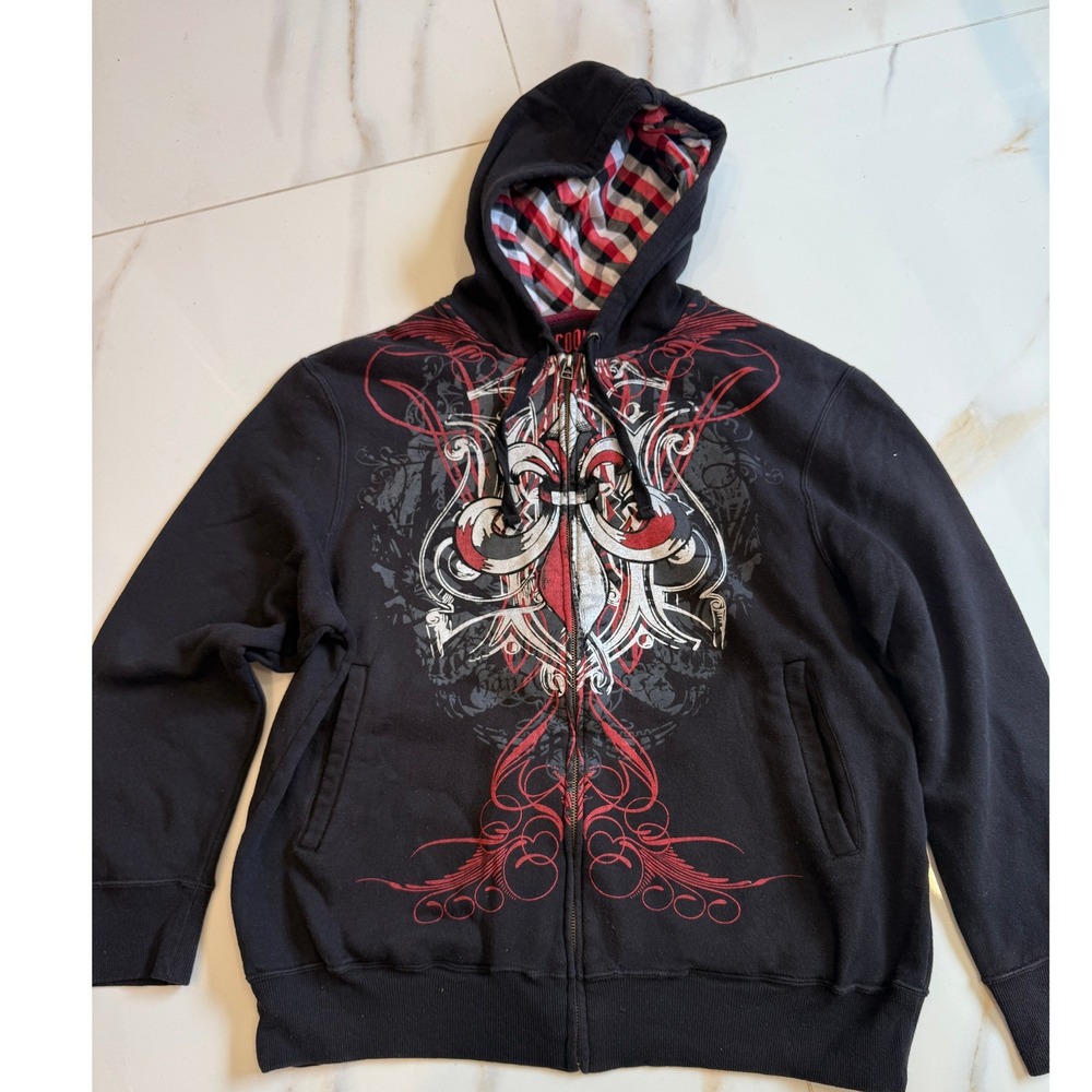 LL Cool J Mens Black Graphic Full Zip Hoodie Plaid Lined Y2K Streetwear Large